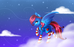 Size: 4205x2657 | Tagged: safe, artist:scarlet-spectrum, oc, oc only, oc:lucid heart, pegasus, pony, clothes, cloud, commission, female, high res, mare, raised hoof, socks, solo, striped socks
