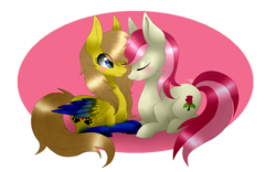 Size: 2641x1649 | Tagged: safe, artist:monogy, roseluck, oc, oc:catina scratch, earth pony, pegasus, pony, g4, blushing, canon x oc, colored wings, eyes closed, female, gradient wings, lesbian, rose scratch, shipping