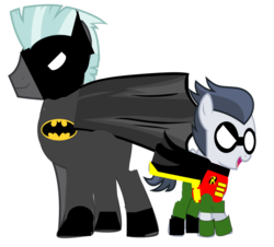 Size: 865x783 | Tagged: safe, rumble, thunderlane, pony, g4, batman, batman and robin, brothers, cape, clothes, cosplay, costume, duo, robin, simple background, transparent background