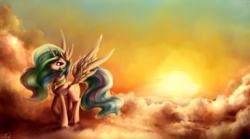 Size: 4400x2450 | Tagged: safe, artist:whit3-dr4g0n, princess celestia, pony, g4, cloud, female, high res, signature, solo, spread wings, sunrise