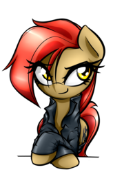 Size: 1707x2599 | Tagged: safe, artist:jetwave, oc, oc only, oc:dala vault, earth pony, pony, clothes, crossed hooves, earth pony oc, female, jacket, leather jacket, looking at something, mare, solo, thigh bands