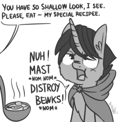Size: 1408x1408 | Tagged: safe, artist:dsp2003, shadow lock, pony, unicorn, g4, spoiler:comic, carrot, chest fluff, cloak, clothes, comic, cute, derp, dialogue, food, grayscale, i can't believe it's not tjpones, implied zecora, male, monochrome, offscreen character, open mouth, potato, simple background, soup, stallion, style emulation, tumblr, white background