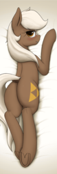 Size: 1700x5095 | Tagged: safe, artist:anearbyanimal, earth pony, pony, blushing, body pillow, body pillow design, butt, dock, epona, explicit source, eyelashes, female, frog (hoof), high res, looking at you, looking back, mare, plot, ponified, prone, smiling, solo, sploot, the ass was fat, the legend of zelda, underhoof