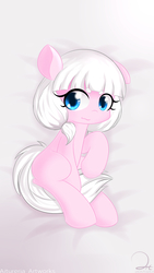 Size: 2008x3564 | Tagged: safe, artist:aitureria, oc, oc only, oc:omitri, earth pony, pony, bed, blushing, cute, female, filly, high res, looking at you, lying down, simple background, smiling, solo, wide eyes