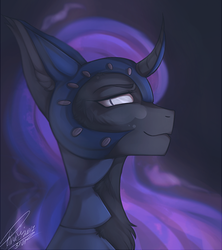 Size: 800x900 | Tagged: safe, artist:orfartina, nightmare moon, pony, g4, armor, bust, curved horn, evil, female, horn, portrait, signature, solo