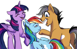 Size: 1112x716 | Tagged: safe, artist:iraecoal, quibble pants, rainbow dash, twilight sparkle, alicorn, earth pony, pegasus, pony, g4, butt, excited, floppy ears, open mouth, plot, simple background, smiling, twilight sparkle (alicorn)