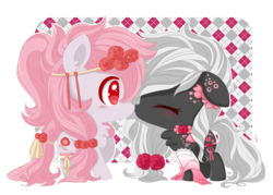 Size: 840x600 | Tagged: safe, artist:exceru-karina, oc, oc only, pony, blushing, chibi, duo, eyes closed, female, flower, flower in hair, mare, nuzzling