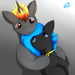 Size: 3000x3000 | Tagged: safe, artist:4clop, oc, oc only, oc:blackout, oc:shadowed ember, pegasus, pony, unicorn, collar, gradient background, high res, pet