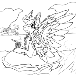 Size: 1470x1470 | Tagged: safe, artist:brainiac, rainbow dash, pony, g4, black and white, chest fluff, coloring page, drink, female, grayscale, lineart, monochrome, solo