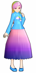 Size: 1500x3000 | Tagged: safe, artist:lokelios, rainbow dash (g3), human, g3, 3d, clothes, female, humanized, long skirt, looking at you, mmd, rainbow dash always dresses in style, shoes, simple background, skirt, solo, sweater, transparent background