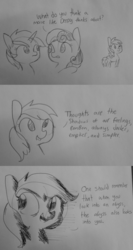 Size: 1280x2403 | Tagged: safe, artist:tjpones, bon bon, derpy hooves, lyra heartstrings, sweetie drops, earth pony, pegasus, pony, unicorn, g4, comic, derp, dialogue, friedrich nietzsche, grayscale, lineart, monochrome, philosophy, pointing, simple background, traditional art