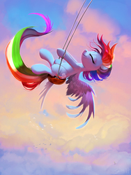 Size: 1548x2058 | Tagged: safe, artist:imalou, derpy hooves, rainbow dash, bird, pegasus, pony, g4, backwards cutie mark, beautiful, cloud, eyes closed, female, flock, mare, peaceful, sky, smiling, solo, solo focus, spread wings, swing, swinging, when you see it, wings