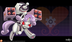 Size: 1365x805 | Tagged: safe, artist:balade, sweetie belle, pony, robot, robot pony, unicorn, g4, blank flank, commission, female, filly, foal, hooves, horn, looking at you, missile, patreon, patreon logo, red eyes, rocket, rocket launcher, running, solo, sweetie bot, teeth, underhoof