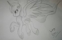 Size: 1024x670 | Tagged: safe, artist:enviaart, princess luna, alicorn, pony, g4, chest fluff, ear fluff, female, flying, missing accessory, monochrome, pencil drawing, smiling, solo, spread wings, traditional art