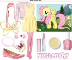 Size: 788x651 | Tagged: safe, angel bunny, fluttershy, g4, clothes, cosplay, costume, crossplay, dress, flower, grass, ideas, inspired outfits, jewelry, lipstick, makeup, pink, shirt, shoes, socks, stockings, thigh highs, tree, wig