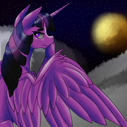 Size: 1600x1600 | Tagged: safe, artist:brainiac, twilight sparkle, alicorn, pony, g4, female, lidded eyes, looking back, moon, night, solo, twilight sparkle (alicorn)