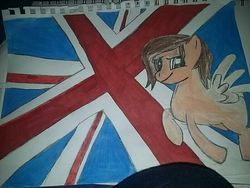 Size: 800x600 | Tagged: safe, artist:milo(german), oc, oc only, oc:milo, pegasus, pony, flag, flying, smiling, solo, spread wings, traditional art, union jack