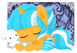 Size: 800x551 | Tagged: safe, artist:exceru-karina, oc, oc only, oc:passion freeze, pony, unicorn, clothes, eyes closed, female, freckles, mare, sleeping, socks, striped socks, teddy bear