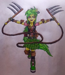 Size: 2342x2716 | Tagged: safe, artist:bozzerkazooers, cherry crash, equestria girls, g4, female, high res, ninja, ponied up, solo, traditional art, weapon