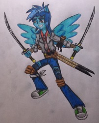 Size: 2088x2582 | Tagged: safe, artist:bozzerkazooers, thunderbass, equestria girls, g4, background human, high res, male, ninja, ponied up, solo, sword, traditional art, weapon
