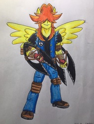 Size: 2404x3164 | Tagged: safe, artist:bozzerkazooers, valhallen, equestria girls, g4, background human, high res, katar, male, ninja, ponied up, solo, traditional art, weapon