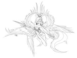 Size: 1120x853 | Tagged: safe, artist:beardie, princess celestia, alicorn, pony, seraph, seraphicorn, g4, female, multiple wings, sketch, solo, weapon