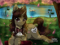 Size: 1024x768 | Tagged: safe, artist:rose-fox-lp, oc, oc only, oc:lace, swan, grass, lilypad, pokemon art academy, prone, solo, tree