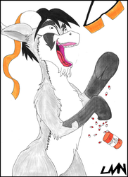 Size: 1700x2338 | Tagged: safe, artist:lvnnkartistries, oc, oc only, oc:gote, goat, pony, bipedal, drugs, laughing, laughing mad, open mouth, solo, traditional art