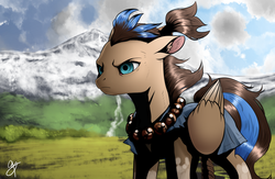 Size: 1280x832 | Tagged: safe, artist:supermare, oc, oc only, oc:playthrough, pony, akuma, clothes, cosplay, costume, folded wings, grass, male, mountain, serious, serious face, solo, stallion, street fighter