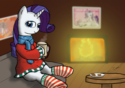 Size: 3542x2500 | Tagged: safe, artist:derpyjoel, rarity, g4, chocolate, christmas, clothes, female, fireplace, food, high res, hot chocolate, looking at you, scarf, socks, solo, stockings, striped socks, sweater, sweaterity, warm, winter
