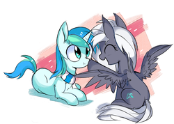 Size: 563x400 | Tagged: safe, artist:aureai, oc, oc only, oc:aureai gray, oc:cyan lightning, pegasus, pony, unicorn, :t, boop, clothes, duo, eyes closed, female, male, mare, older, open mouth, prone, raised hoof, rear view, scarf, scrunchy face, simple background, sitting, spread wings, stallion, white background