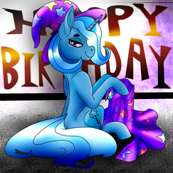 Size: 1600x1600 | Tagged: safe, artist:brainiac, trixie, pony, g4, clothes, female, full body, happy birthday, lidded eyes, looking at you, looking back, mare, profile, sitting, smiling, solo, text, trixie's cape, trixie's hat
