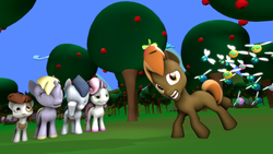 Size: 3840x2160 | Tagged: safe, artist:viranimation, button mash, dinky hooves, pipsqueak, rumble, sweetie belle, parasprite, g4, 3d, angry, apple, facehoof, food, grass, high res, hoof polish, nail polish, source filmmaker, swarm, tree, unamused