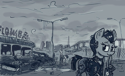 Size: 1024x622 | Tagged: safe, artist:agm, oc, oc only, fallout equestria, clothes, duo, jacket, leather jacket, monochrome, mouth hold, ruins, scenery