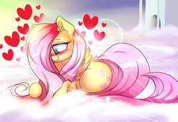 Size: 2900x2000 | Tagged: safe, artist:madacon, fluttershy, pegasus, pony, g4, blushing, cloud, colored pupils, crepuscular rays, cute, dock, ear fluff, female, heart, high res, lens flare, lying down, on a cloud, shyabetes, solo, spread wings