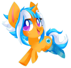 Size: 3232x3091 | Tagged: safe, artist:sorasku, oc, oc only, oc:passion freeze, pony, unicorn, blushing, clothes, colored pupils, female, freckles, happy, mare, open mouth, prancing, raised hoof, simple background, smiling, socks, solo, striped socks, thigh highs, transparent background, underhoof