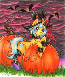 Size: 1024x1212 | Tagged: safe, artist:bunnywhiskerz, oc, oc only, oc:passion freeze, pony, unicorn, clothes, hat, pumpkin, socks, solo, traditional art, witch, witch hat