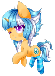 Size: 1024x1403 | Tagged: safe, artist:majo-shoujo, oc, oc only, oc:passion freeze, pony, unicorn, chibi, clothes, colored pupils, female, floating, mare, one eye closed, raised hoof, simple background, socks, solo, striped socks, transparent background