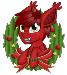 Size: 4000x4500 | Tagged: safe, artist:partypievt, oc, oc only, oc:tune twister, bat pony, pony, absurd resolution, bat pony oc, bauble, bow, christmas, christmas wreath, commission, fangs, kandi, looking at you, open mouth, simple background, smiling, solo, stars, transparent background, wreath, ych result