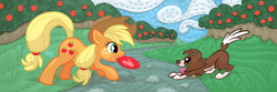 Size: 1200x400 | Tagged: safe, artist:1trick, applejack, winona, dog, g4, apple tree, collar, frisbee, hat, river, stream, tongue out, tree