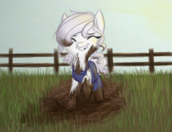 Size: 1000x771 | Tagged: safe, artist:hippykat13, artist:sabokat, oc, oc only, commission, cottagecore, cute, eyes closed, farm, female, fence, filly, mud, solo, younger