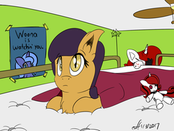 Size: 1024x768 | Tagged: safe, artist:xwoofyhoundx, princess luna, oc, oc only, oc:lilith, oc:lillian, oc:red velvet, bat pony, pony, unicorn, bed, blanket, ceiling fan, doll, filly, plushie, poster, toy, woona, younger