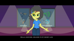 Size: 4800x2700 | Tagged: safe, artist:razethebeast, oc, oc only, oc:pauly sentry, equestria girls, g4, clothes, dialogue, equestria girls-ified, female, gun, high res, letterboxing, looking at you, looking back, pants, smiling, solo, weapon, widescreen