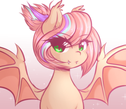 Size: 900x778 | Tagged: safe, artist:fluffymaiden, oc, oc only, oc:sweet skies, bat pony, pony, female, gradient background, looking at you, mare, race swap, simple background, solo, spread wings