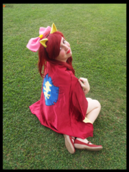 Size: 3456x4608 | Tagged: safe, artist:krazykari, apple bloom, human, g4, apple bloom's bow, bow, cape, clothes, cmc cape, cosplay, costume, hair bow, high res, irl, irl human, looking at you, photo, solo