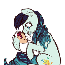 Size: 2000x2000 | Tagged: safe, artist:azure-art-wave, coloratura, oc, oc:morning glory, pony, g4, baby, baby pony, crying, high res, magical lesbian spawn, mother and daughter, offspring, parent:coloratura, parent:sunset shimmer, simple background, swaddling, tears of joy, white background