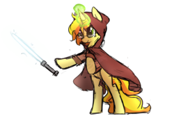 Size: 1024x683 | Tagged: safe, artist:silverknight27, oc, oc only, oc:sigil, pony, unicorn, bipedal, bipedal leaning, cloak, clothes, female, glowing horn, horn, leaning, lightsaber, magic, mare, simple background, solo, star wars, transparent background, weapon