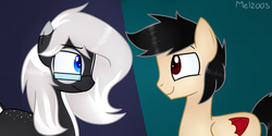 Size: 1870x935 | Tagged: safe, artist:mel2003, oc, oc only, earth pony, pegasus, pony, colored pupils, colored wings, colored wingtips, duo, eye contact, female, glasses, looking at each other, male, mare, smiling, stallion