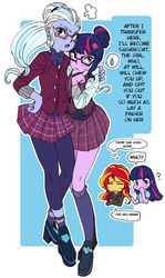 Size: 511x855 | Tagged: safe, artist:pasikon, sci-twi, sugarcoat, sunset shimmer, twilight sparkle, equestria girls, g4, my little pony equestria girls: friendship games, clothes, female, lesbian, shipping, skirt, speech bubble, sugartwi, translation, twolight