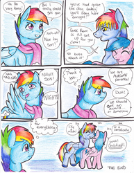 Size: 2552x3304 | Tagged: safe, artist:tristanjsolarez, firefly, rainbow blaze, rainbow dash, pegasus, pony, comic:trans ponies, g1, g4, blue background, clothes, comic, cross-generational shipping, family, female, firefly as rainbow dash's mom, g1 to g4, generation leap, male, mare, rainbow blitz, rainbow dash's parents, rule 63, scarf, ship:fireblaze, shipping, simple background, speech bubble, stallion, straight, traditional art, transgender, trio